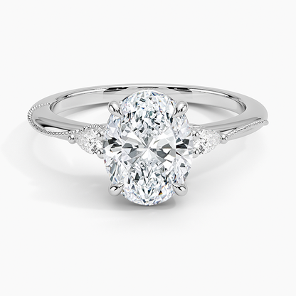 Camellia Three Stone Pear Diamond Ring - Oval Center Stone