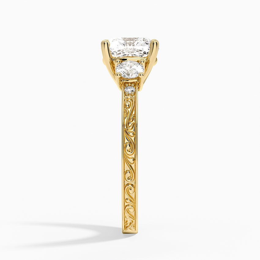 Antique Scroll Engraved Three Stone Diamond Ring (1/3 ct. tw.) - Cushion Cut Center Stone