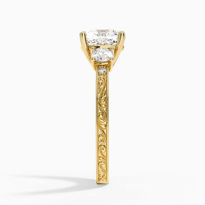 Antique Scroll Engraved Three Stone Diamond Ring (1/3 ct. tw.) - Cushion Cut Center Stone