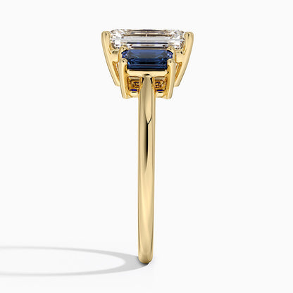 Luxe Rhiannon Three Stone Sapphire Ring - Emerald Cut Center Stone