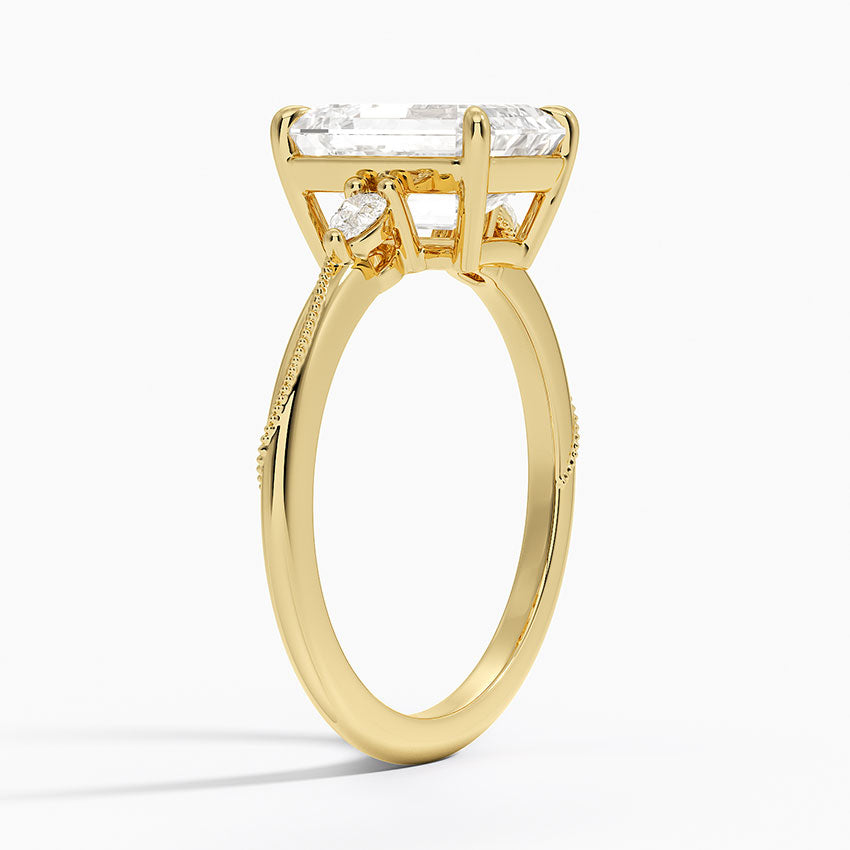 Camellia Three Stone Pear Diamond Ring - Emerald Cut Center Stone