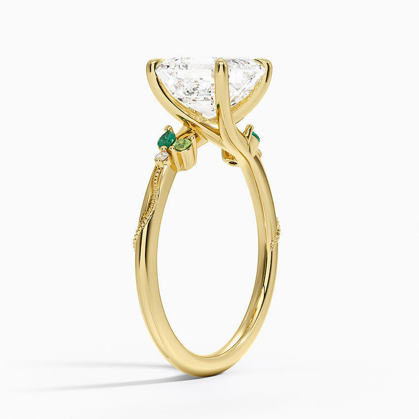 Camellia Milgrain Green Gemstone and Diamond Ring - Asscher Cut Center Stone