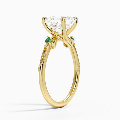 Camellia Milgrain Green Gemstone and Diamond Ring - Asscher Cut Center Stone