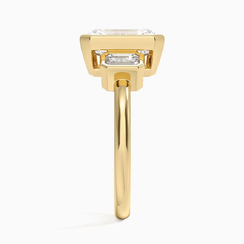 Rhiannon Bezel Three Stone Diamond Ring - Emerald Cut Center Stone