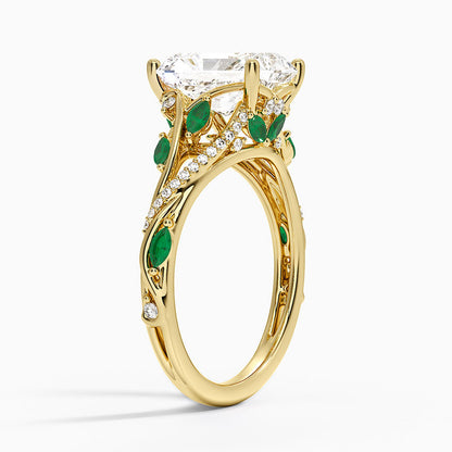 Begonia Vine Diamond and Lab Emerald Ring (1/8 ct. tw.) - Radiant Cut Center Stone
