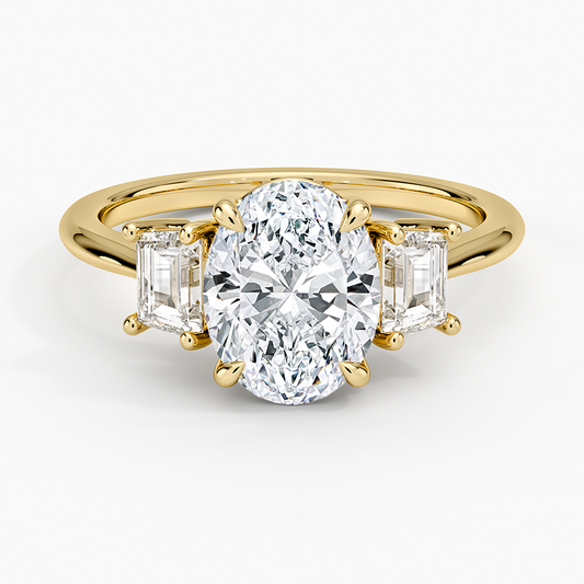 Embrace Three Stone Trapezoid Diamond Ring - Oval Cut Center Stone
