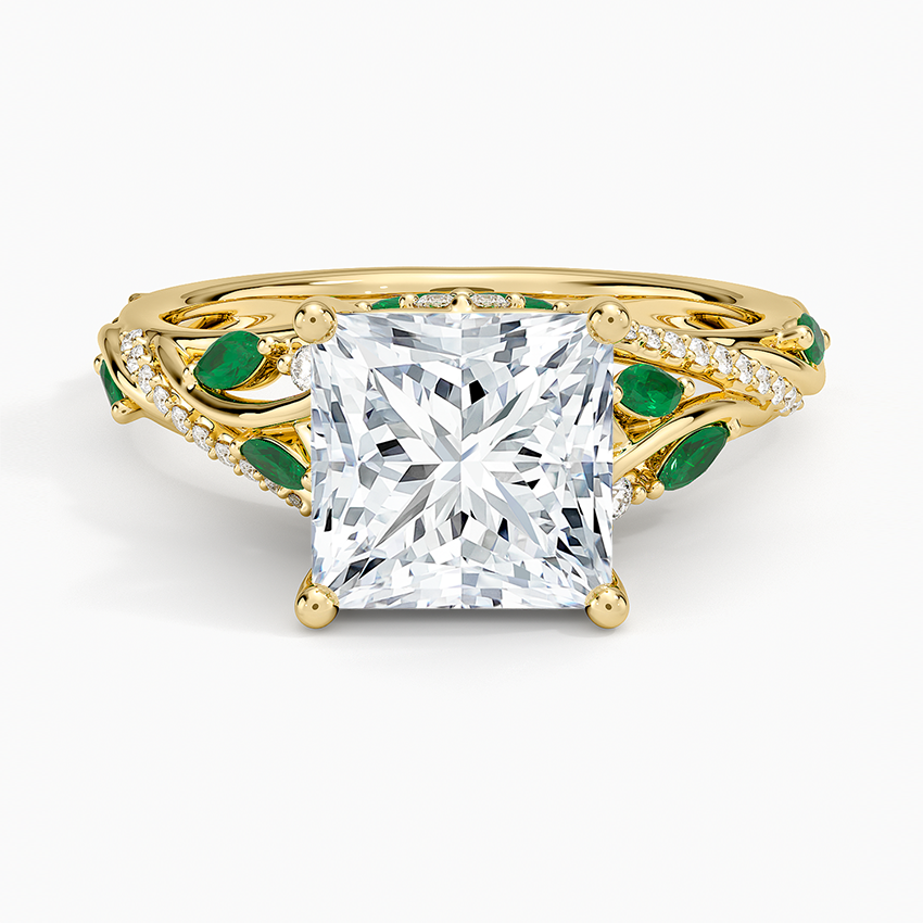Begonia Vine Diamond and Lab Emerald Ring (1/8 ct. tw.) - Princess Cut Center Stone