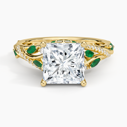 Begonia Vine Diamond and Lab Emerald Ring (1/8 ct. tw.) - Princess Cut Center Stone