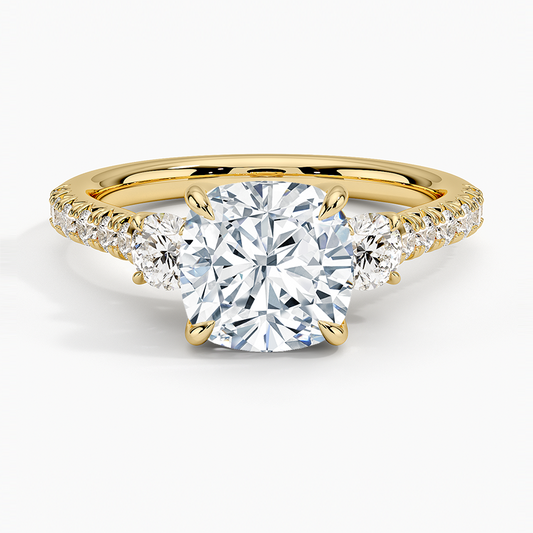 Amelie Three Stone Diamond Ring - Cushion Cut Center Stone