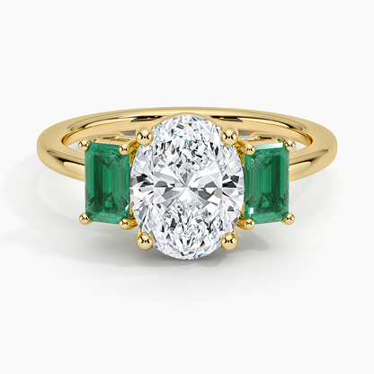 Luxe Rhiannon Three Stone Lab Emerald Ring - Oval Cut Center Stone