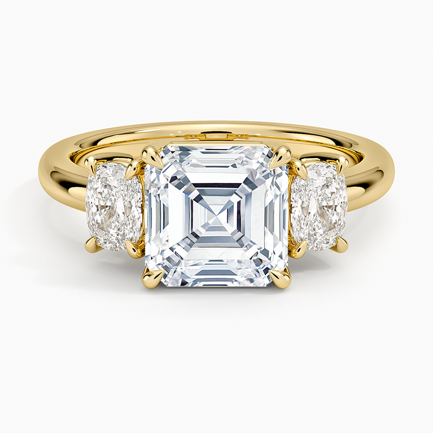 Faye Elongated Cushion Three Stone Diamond Ring - Asscher Cut Center Stone