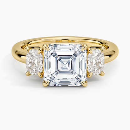 Faye Elongated Cushion Three Stone Diamond Ring - Asscher Cut Center Stone