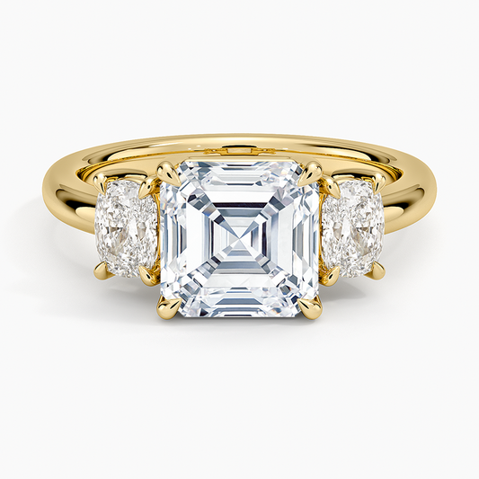 Faye Elongated Cushion Three Stone Diamond Ring - Asscher Cut Center Stone