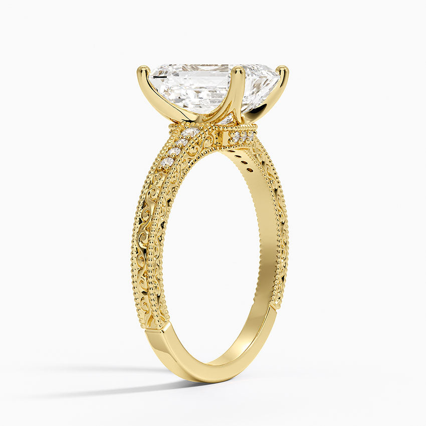 Hudson Engraved Diamond Ring - Emerald Cut Center Stone