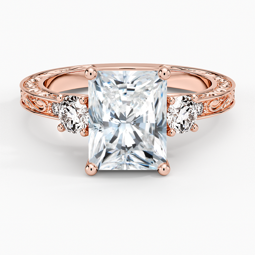 Antique Scroll Engraved Three Stone Diamond Ring (1/3 ct. tw.) - Radiant Cut Center Stone