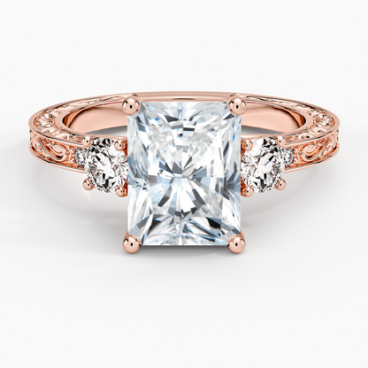 Antique Scroll Engraved Three Stone Diamond Ring (1/3 ct. tw.) - Radiant Cut Center Stone