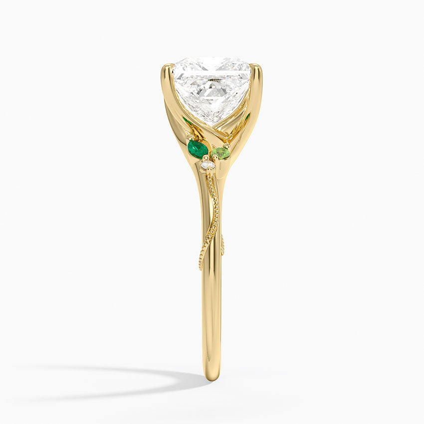 Camellia Milgrain Green Gemstone and Diamond Ring - Princess Cut Center Stone