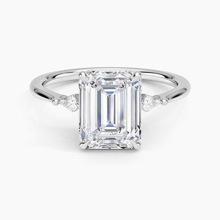 Petite Cometa Three Stone Diamond Ring - Emerald Cut Center Stone