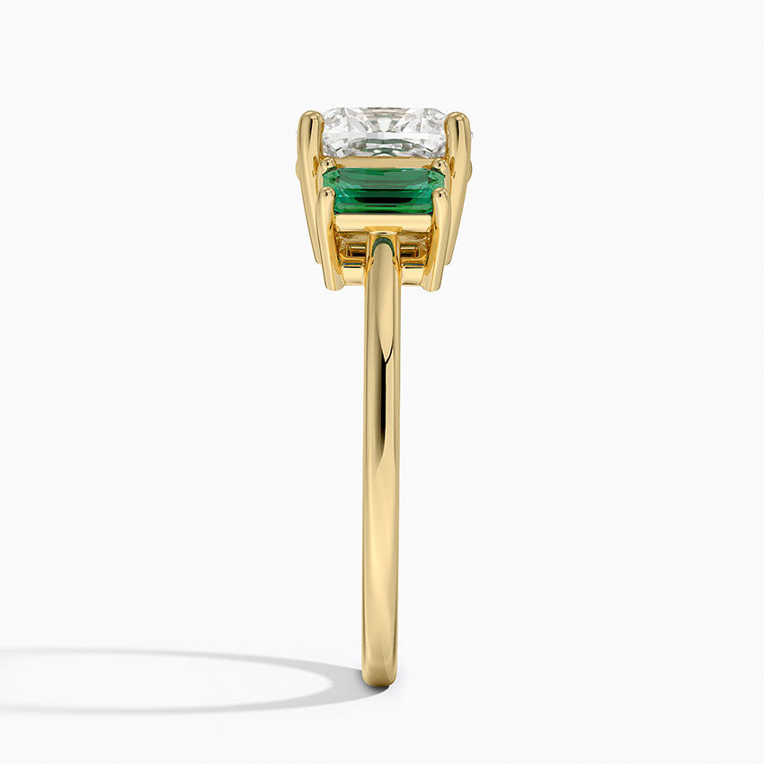 Luxe Rhiannon Three Stone Lab Emerald Ring - Old Mine Cut Center Stone