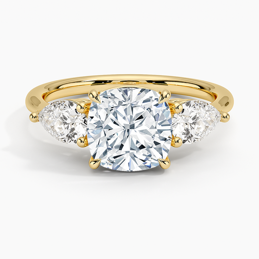 Luxe Opera Three Stone Diamond Ring - Cushion Cut Center Stone