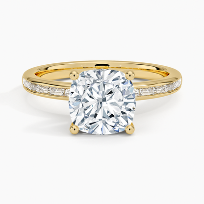 Tabitha Channel Set Baguette Diamond Ring - Cushion Cut Center Stone