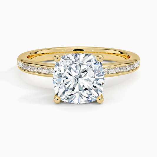 Tabitha Channel Set Baguette Diamond Ring - Cushion Cut Center Stone