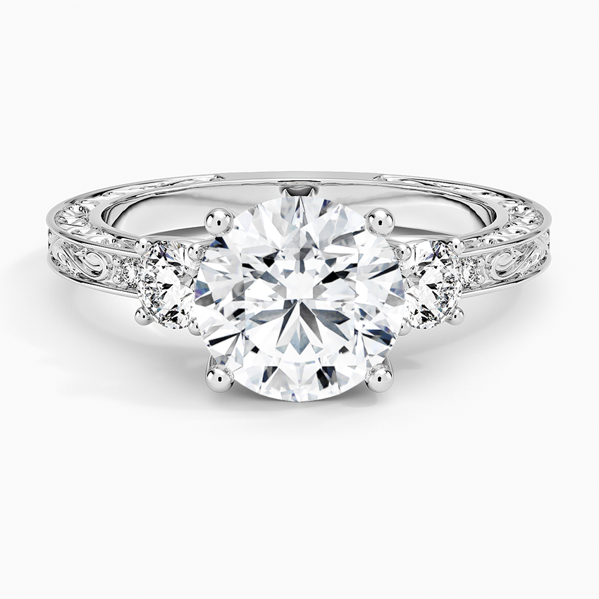Antique Scroll Engraved Three Stone Diamond Ring (1/3 ct. tw.) - Round Center Stone