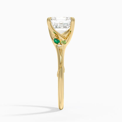 Camellia Milgrain Green Gemstone and Diamond Ring - Asscher Cut Center Stone
