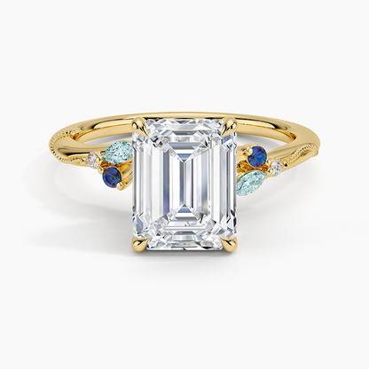 Camellia Indigo Milgrain Ring - Emerald Cut Center Stone