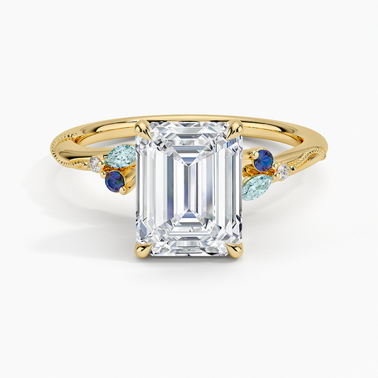 Camellia Indigo Milgrain Ring - Emerald Cut Center Stone
