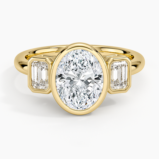 Rhiannon Bezel Three Stone Diamond Ring - Oval Cut Center Stone