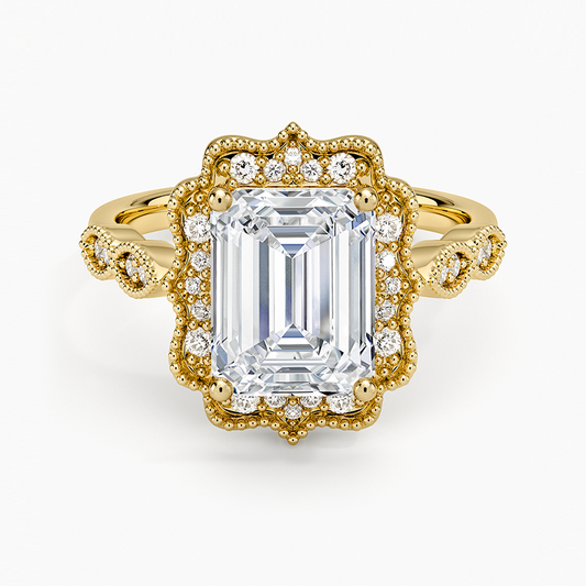 Cadenza Halo Diamond Ring - Emerald Cut Center Stone