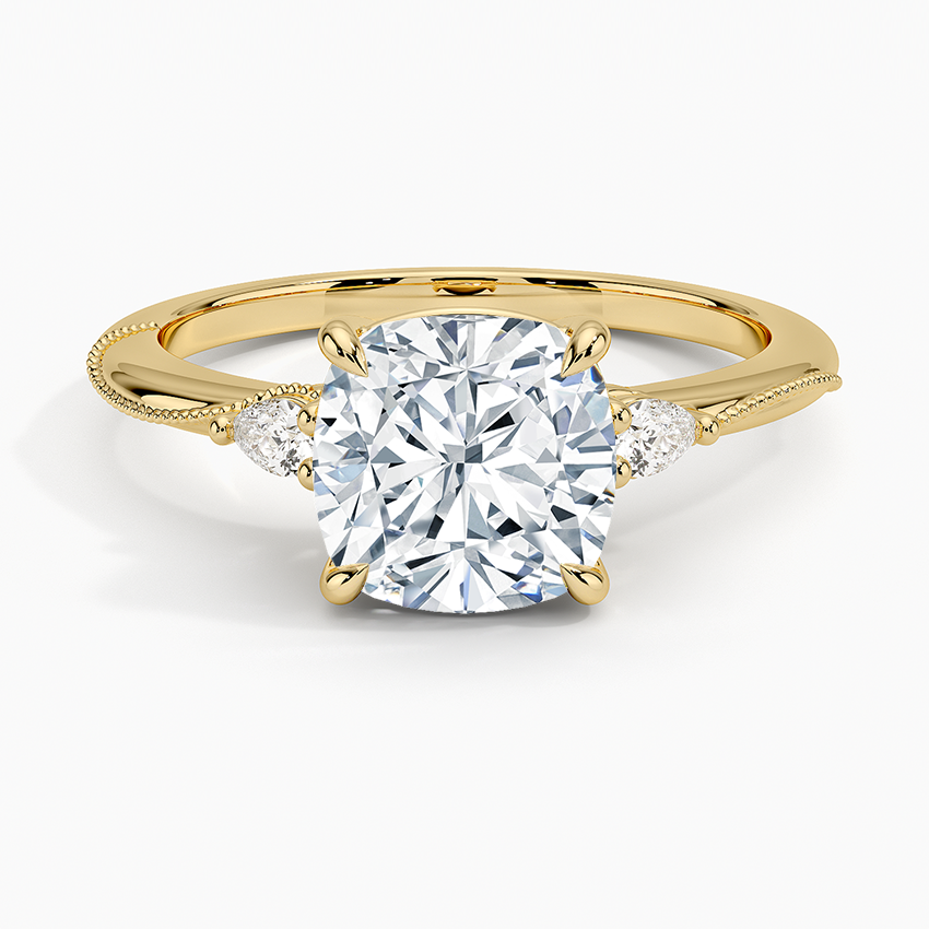 Camellia Three Stone Pear Diamond Ring - Cushion Cut Center Stone