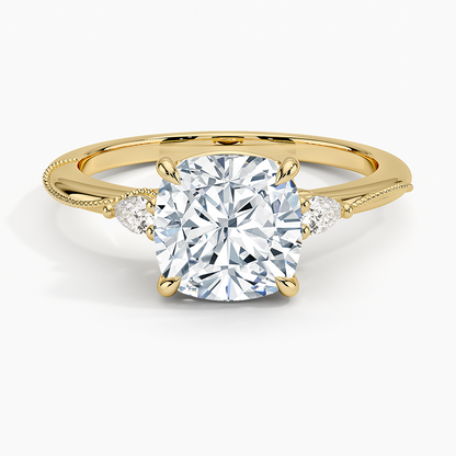 Camellia Three Stone Pear Diamond Ring - Cushion Cut Center Stone