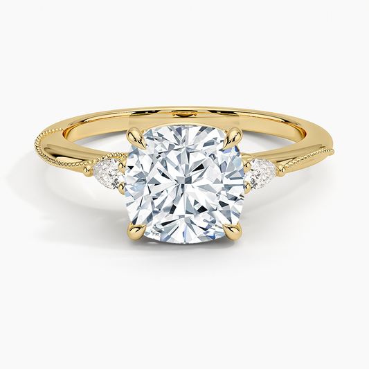 Camellia Three Stone Pear Diamond Ring - Cushion Cut Center Stone
