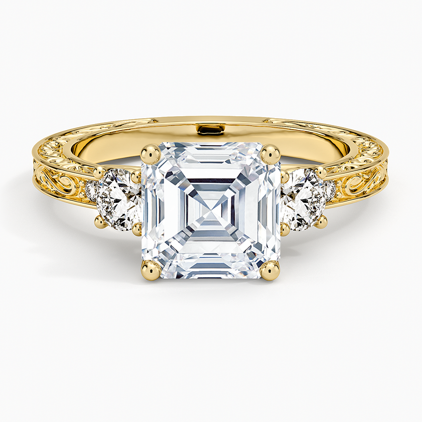 Antique Scroll Engraved Three Stone Diamond Ring (1/3 ct. tw.) - Asscher Cut Center Stone