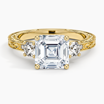 Antique Scroll Engraved Three Stone Diamond Ring (1/3 ct. tw.) - Asscher Cut Center Stone