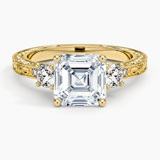 Antique Scroll Engraved Three Stone Diamond Ring (1/3 ct. tw.) - Asscher Cut Center Stone