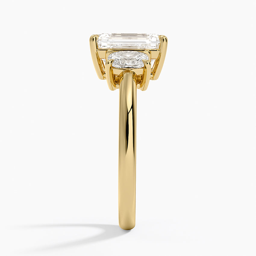 Faye Elongated Cushion Three Stone Diamond Ring - Emerald Cut Center Stone