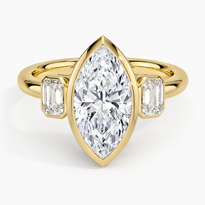 Rhiannon Bezel Three Stone Diamond Ring - Marquise Cut Center Stone