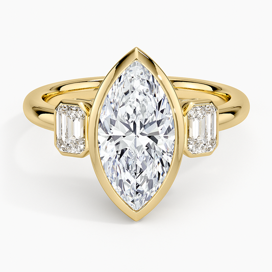 Rhiannon Bezel Three Stone Diamond Ring - Marquise Cut Center Stone