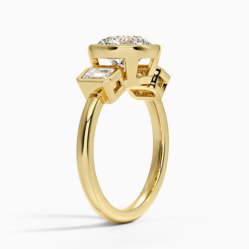 Rhiannon Bezel Three Stone Diamond Ring - Round Cut Center Stone