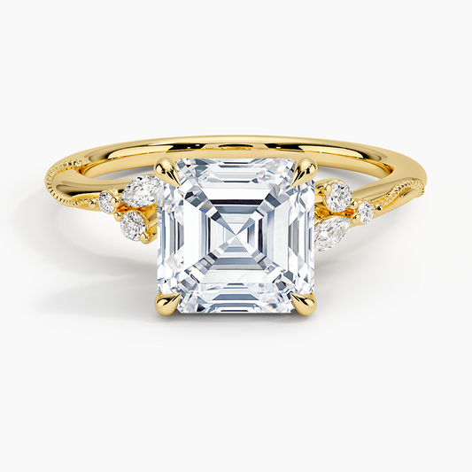 Camellia Milgrain Diamond Ring - Asscher Cut Center Stone