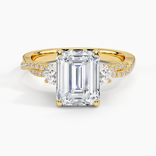 Luxe Three Stone Petite Twisted Vine Diamond Ring - Emerald Cut Center Stone