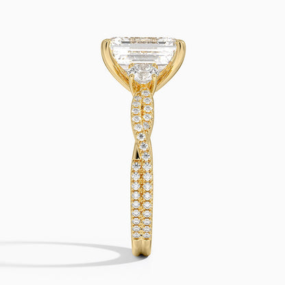 Luxe Three Stone Petite Twisted Vine Diamond Ring - Emerald Cut Center Stone