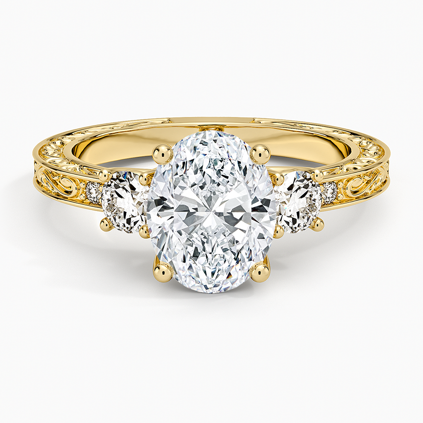 Antique Scroll Engraved Three Stone Diamond Ring (1/3 ct. tw.) - Oval Center Stone