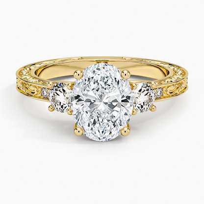 Antique Scroll Engraved Three Stone Diamond Ring (1/3 ct. tw.) - Oval Center Stone