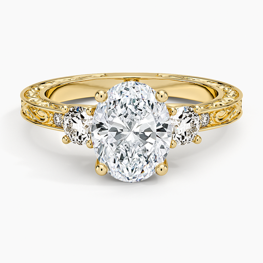 Antique Scroll Engraved Three Stone Diamond Ring (1/3 ct. tw.) - Oval Center Stone