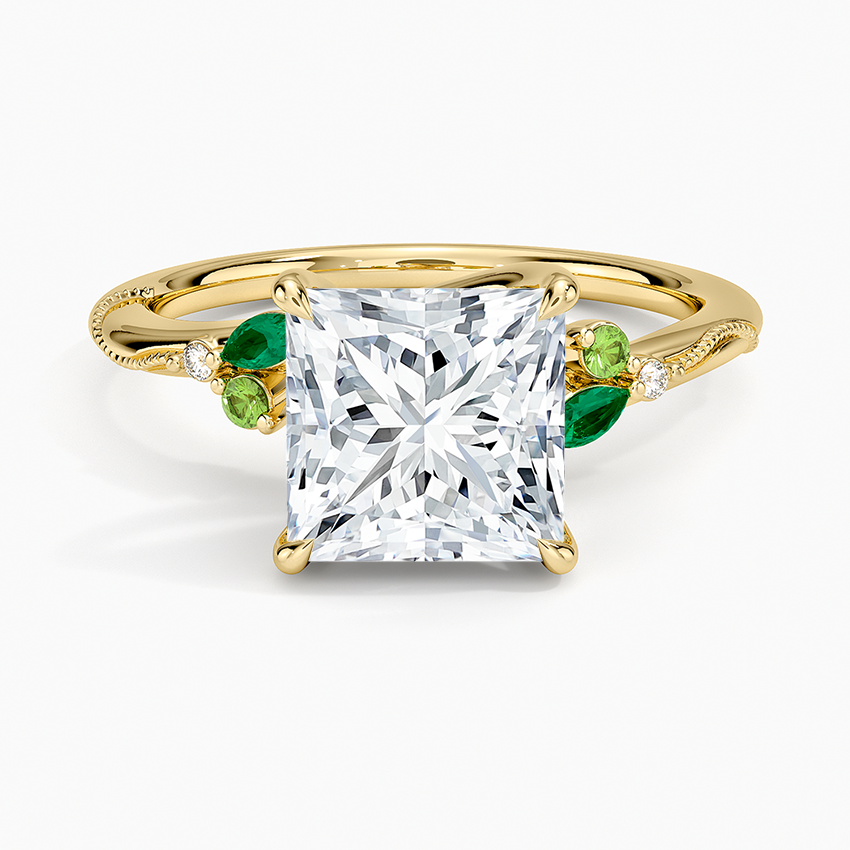 Camellia Milgrain Green Gemstone and Diamond Ring - Princess Cut Center Stone