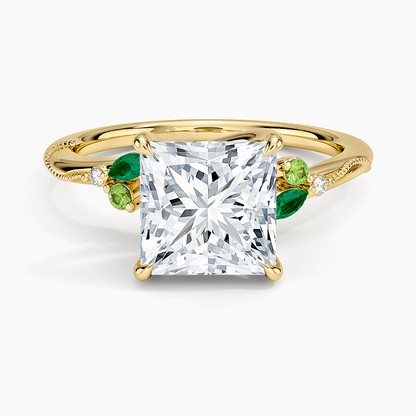 Camellia Milgrain Green Gemstone and Diamond Ring - Princess Cut Center Stone